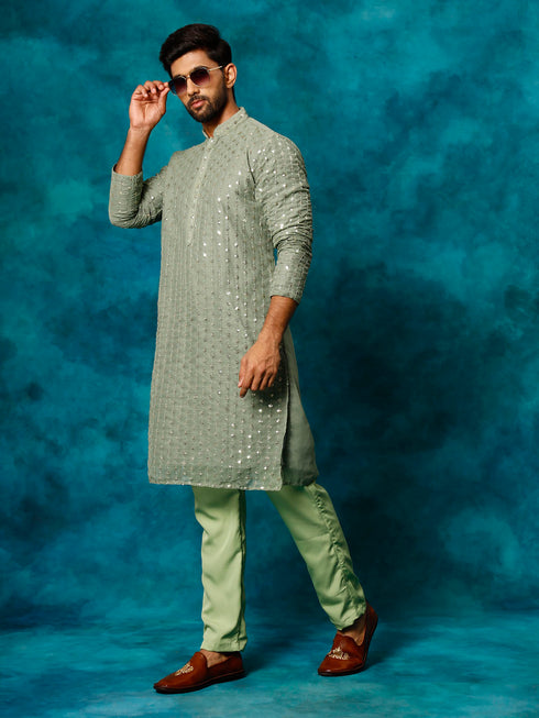 Men's Mint Green Georgette Sequins  Kurta